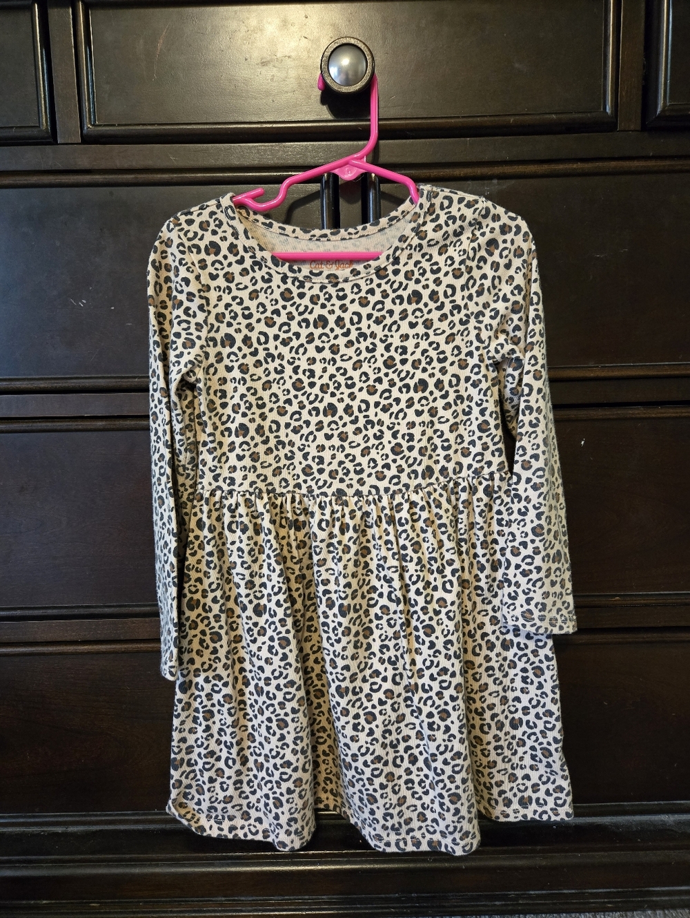 5t Cat & Jack Girls' Long Sleeve Leopard Print Dress - Cream, Brown and Black